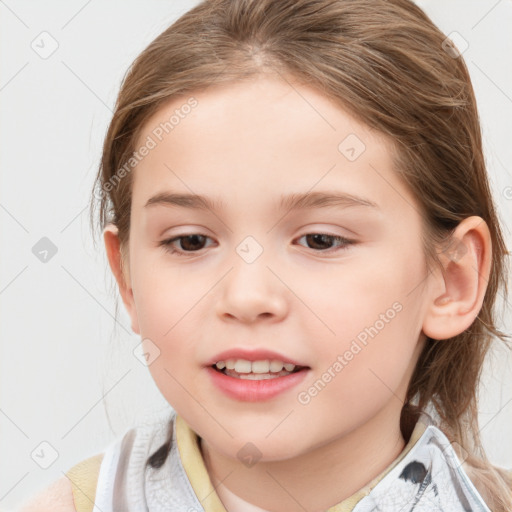 Joyful white child female with medium  brown hair and brown eyes