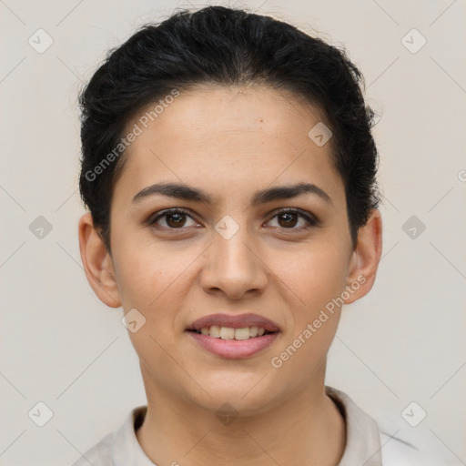 Joyful latino young-adult female with short  brown hair and brown eyes