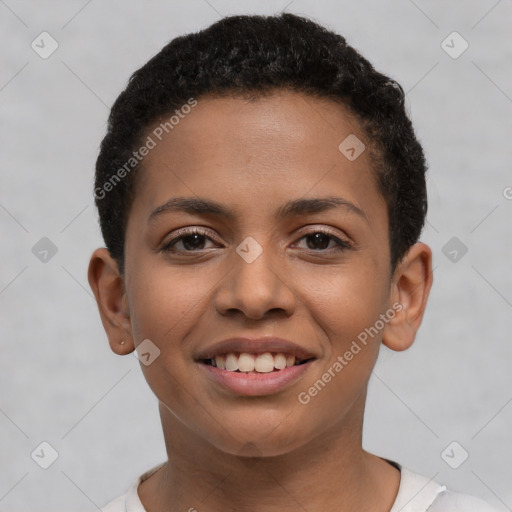 Joyful latino young-adult female with short  brown hair and brown eyes