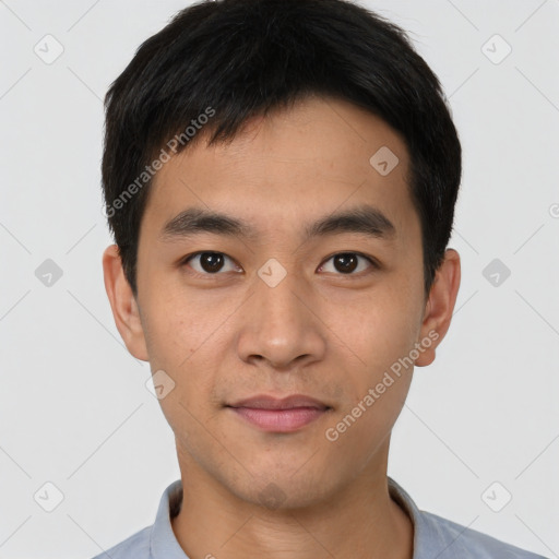 Neutral asian young-adult male with short  black hair and brown eyes