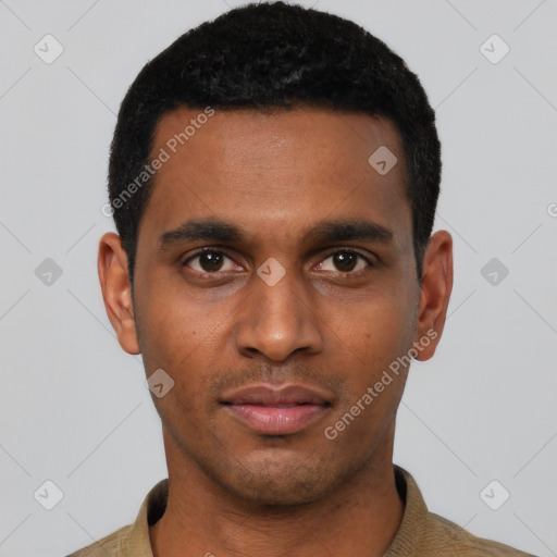 Neutral black young-adult male with short  black hair and brown eyes