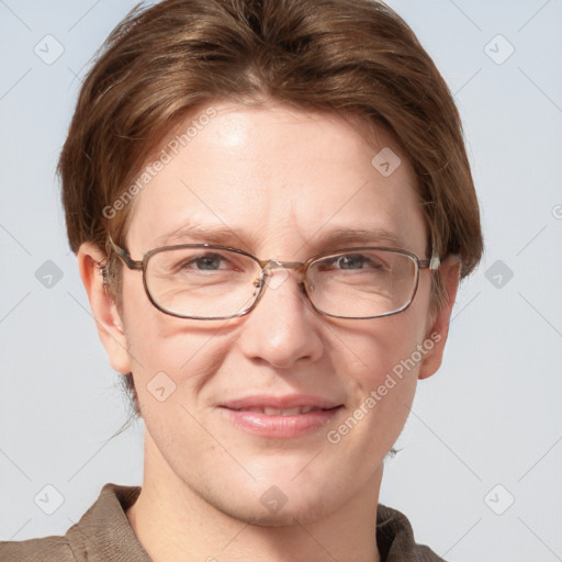 Joyful white adult male with short  brown hair and grey eyes