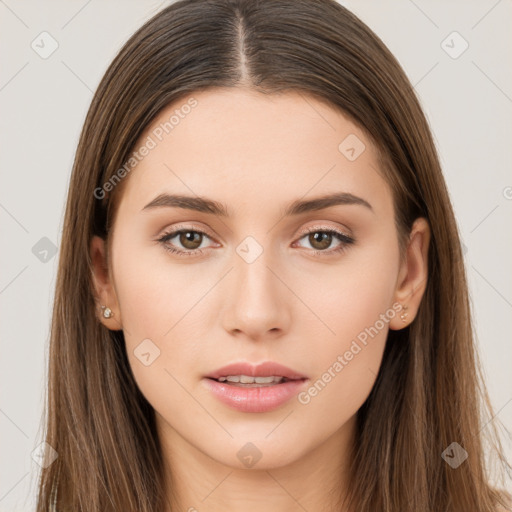 Neutral white young-adult female with long  brown hair and brown eyes