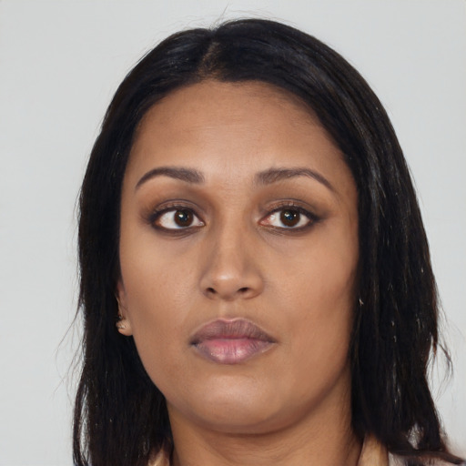Neutral asian young-adult female with long  brown hair and brown eyes