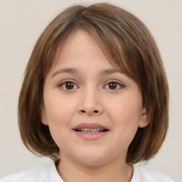 Joyful white child female with medium  brown hair and brown eyes