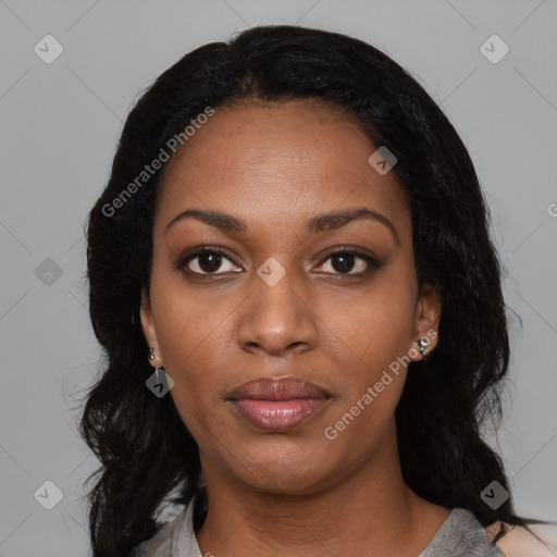 Joyful black young-adult female with medium  black hair and brown eyes