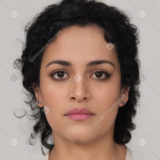 Neutral latino young-adult female with medium  brown hair and brown eyes