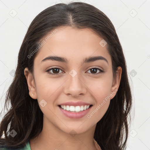 Joyful white young-adult female with long  brown hair and brown eyes