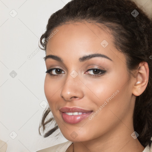 Joyful latino young-adult female with long  brown hair and brown eyes