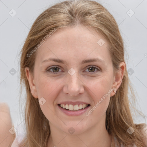 Joyful white young-adult female with long  brown hair and grey eyes