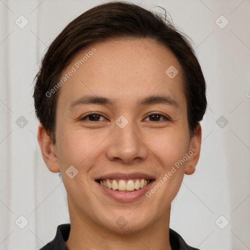 Joyful white young-adult female with short  brown hair and brown eyes