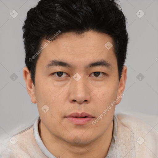 Neutral asian young-adult male with short  brown hair and brown eyes