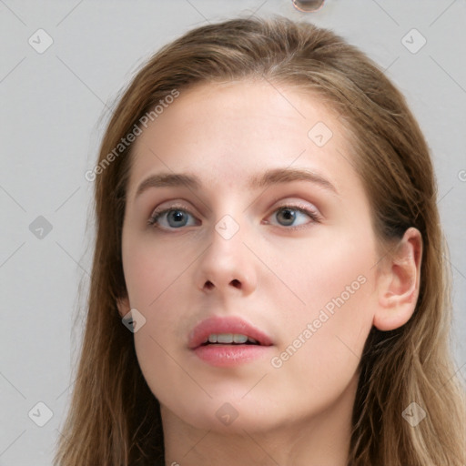 Neutral white young-adult female with long  brown hair and grey eyes