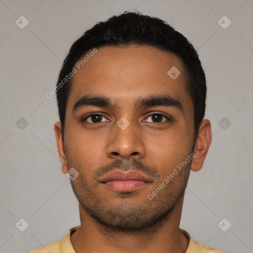 Neutral latino young-adult male with short  black hair and brown eyes