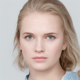Neutral white young-adult female with medium  brown hair and blue eyes