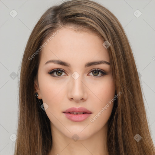 Neutral white young-adult female with long  brown hair and brown eyes