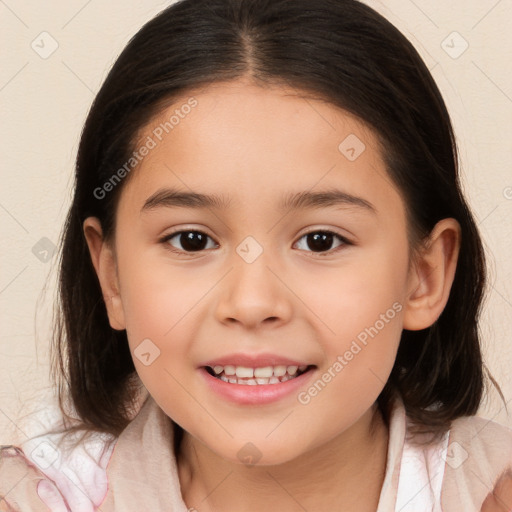 Joyful white child female with medium  brown hair and brown eyes