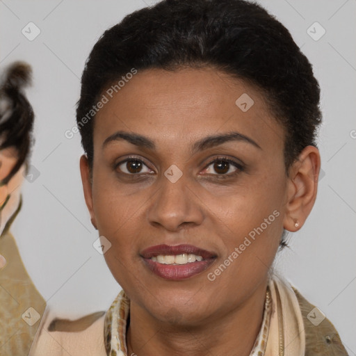 Joyful latino young-adult female with short  brown hair and brown eyes