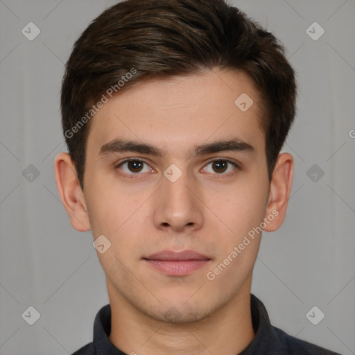 Neutral white young-adult male with short  brown hair and brown eyes