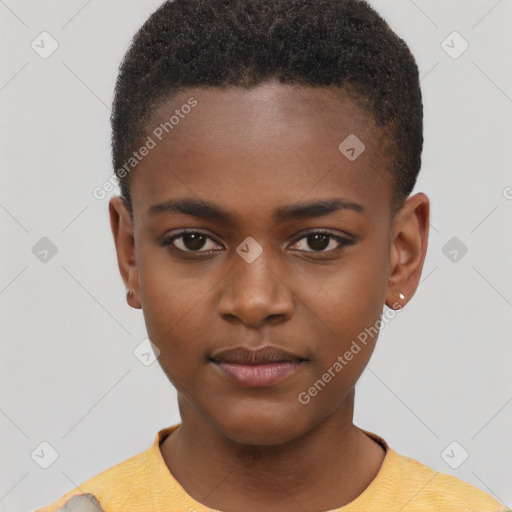 Neutral black young-adult female with short  brown hair and brown eyes