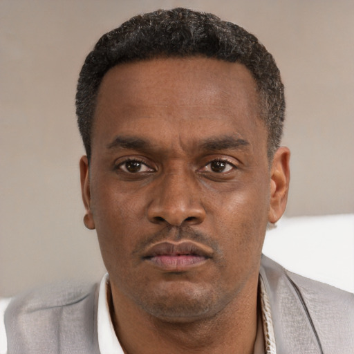 Neutral black adult male with short  black hair and brown eyes