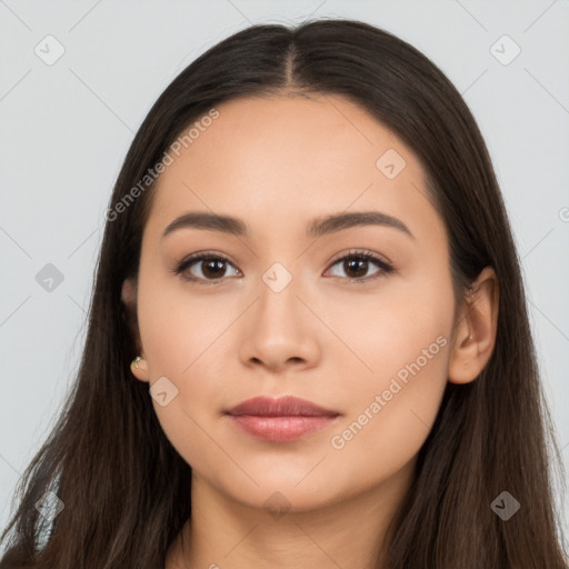 Neutral white young-adult female with long  brown hair and brown eyes