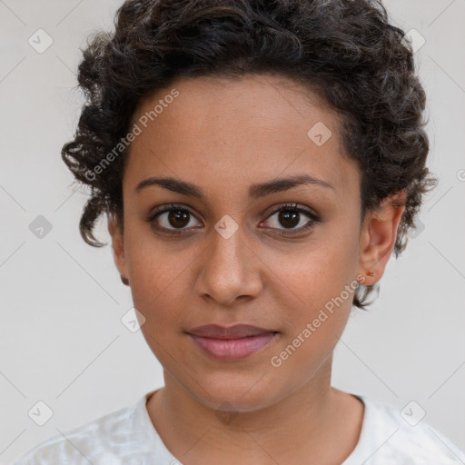 Joyful latino young-adult female with short  brown hair and brown eyes