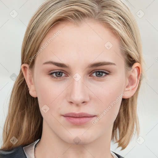 Neutral white young-adult female with medium  brown hair and blue eyes