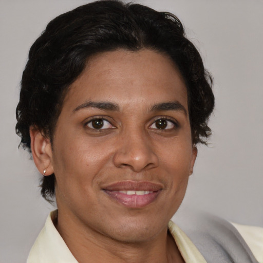 Joyful latino adult female with short  brown hair and brown eyes