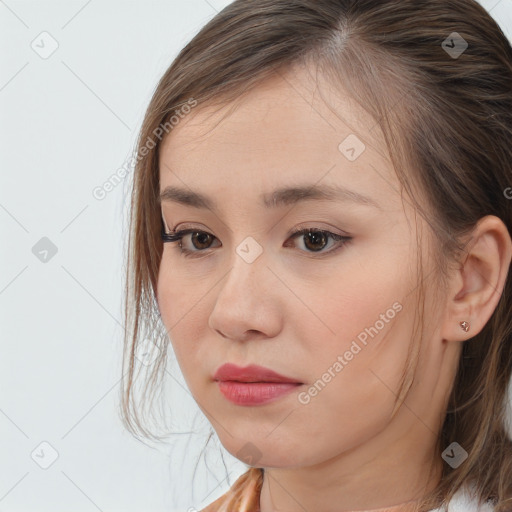 Neutral white young-adult female with medium  brown hair and brown eyes