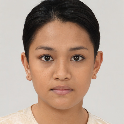 Neutral asian young-adult female with short  brown hair and brown eyes