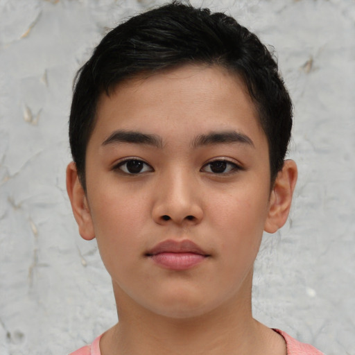 Neutral asian young-adult female with short  brown hair and brown eyes
