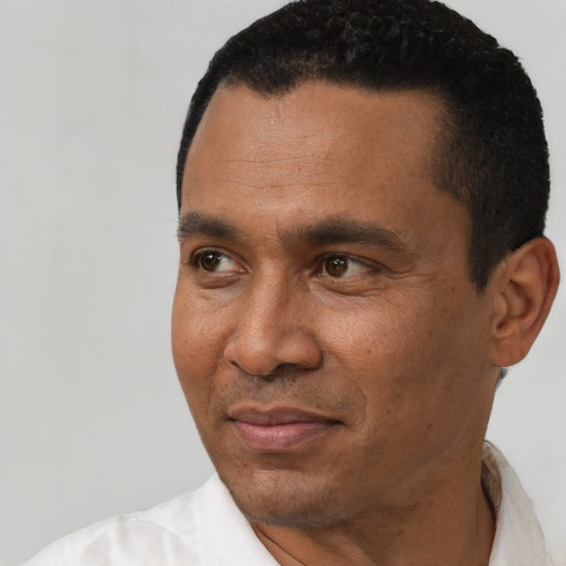 Neutral black adult male with short  black hair and brown eyes