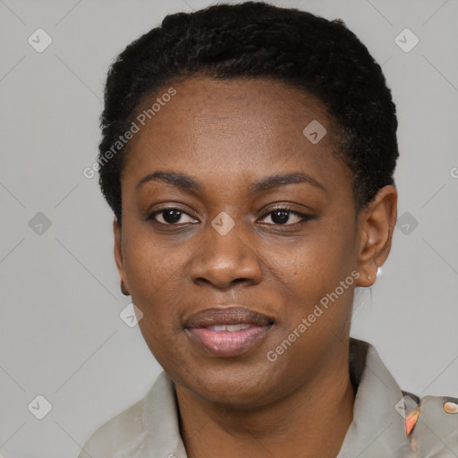 Joyful black young-adult female with short  black hair and brown eyes