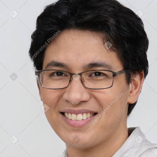 Joyful white adult female with short  brown hair and brown eyes