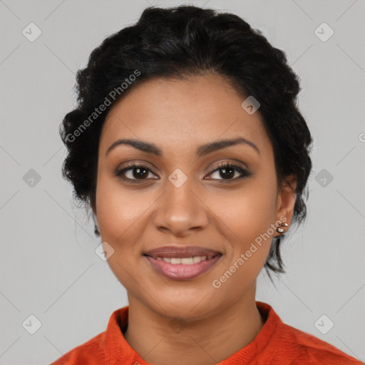 Joyful latino young-adult female with medium  black hair and brown eyes