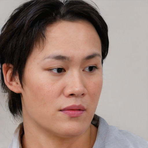 Neutral asian young-adult female with medium  brown hair and brown eyes
