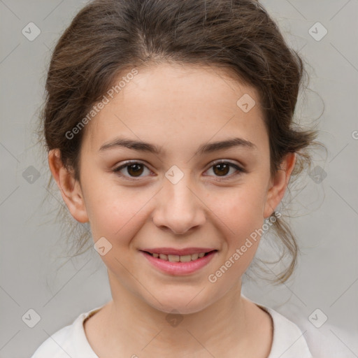 Joyful white child female with medium  brown hair and brown eyes