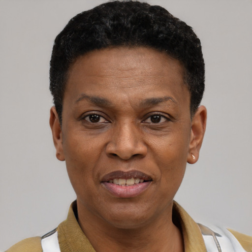 Joyful black adult female with short  black hair and brown eyes