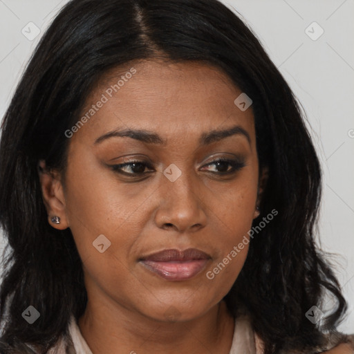 Joyful asian young-adult female with long  brown hair and brown eyes