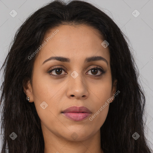 Joyful latino young-adult female with long  brown hair and brown eyes