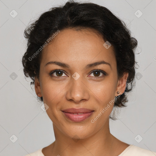 Joyful latino young-adult female with short  brown hair and brown eyes