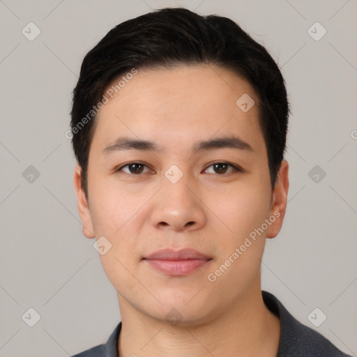 Neutral asian young-adult male with short  black hair and brown eyes