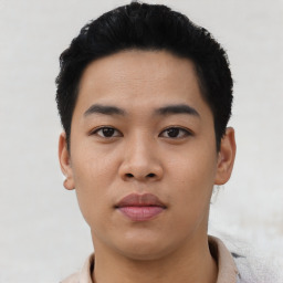 Neutral asian young-adult male with short  black hair and brown eyes