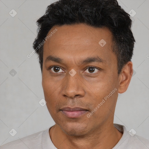 Neutral asian adult male with short  black hair and brown eyes