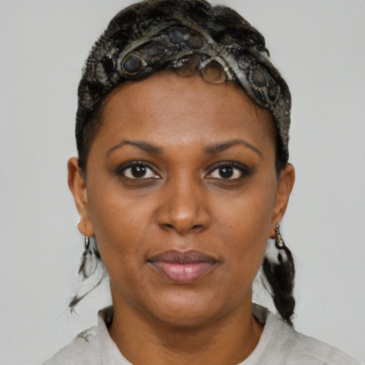 Neutral black young-adult female with short  brown hair and brown eyes