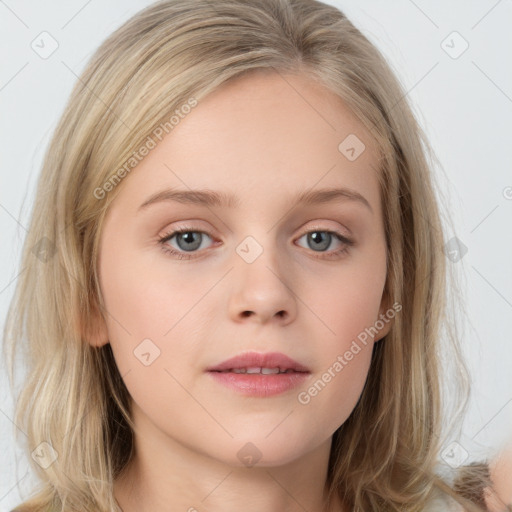 Neutral white young-adult female with medium  brown hair and grey eyes