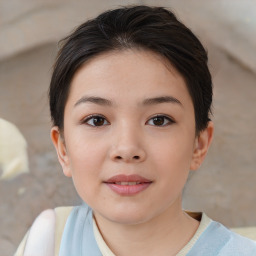 Joyful white child female with medium  brown hair and brown eyes