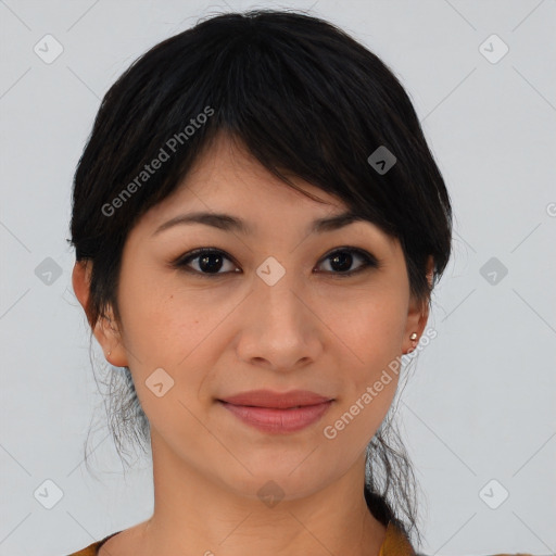 Joyful asian young-adult female with medium  brown hair and brown eyes