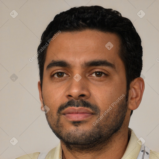 Neutral latino young-adult male with short  black hair and brown eyes